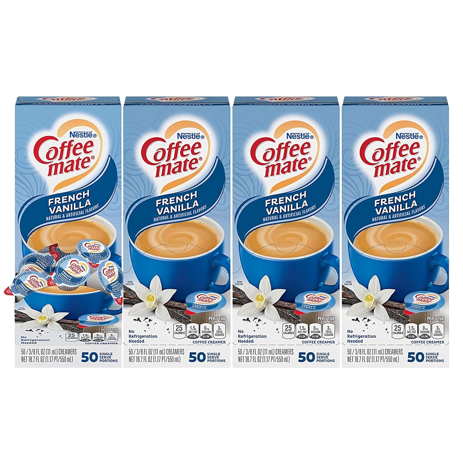 Nestle Coffee Mate Coffee Creamer, French Vanilla, Liquid Creamer Singles, Non Dairy, No Refrigeration, Box of 50 Singles (Pack of 4)