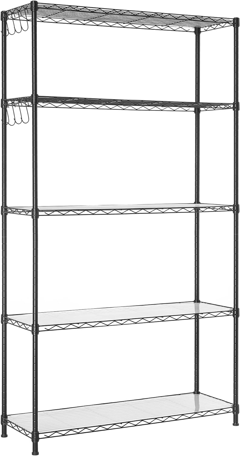 SONGMICS Garage Shelving, 5-Tier Wire Shelving Unit, Kitchen Storage Rack with Adjustable Shelves, Shelf Liners, 8 Hooks, Total Max. Load 440 lb, for Living Room, Garage, Black ULGR095B01