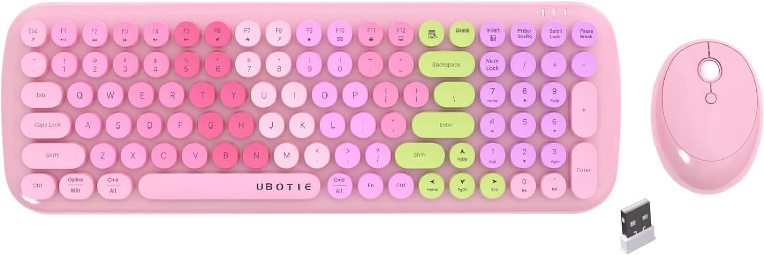 Wireless Keyboards and Mouse Combos, UBOTIE Colorful Gradient Rainbow Colored Retro Typewriter Flexible Keyboard, 2.4GHz Connection and Optical Mouse