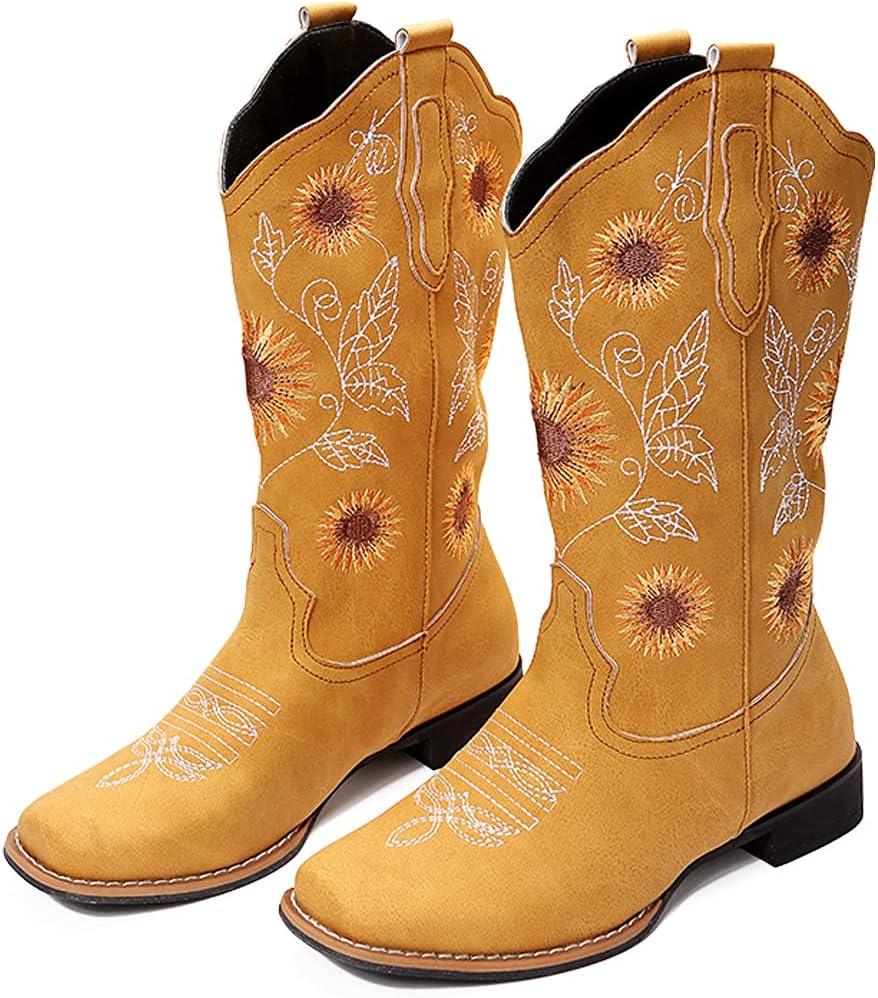 Cowboy Boots for Women Mid Calf Cowgirl Western Boots Sunflower Embroidery Stitched Square Toe Low Heel Black Brown Yellow US6-10.5