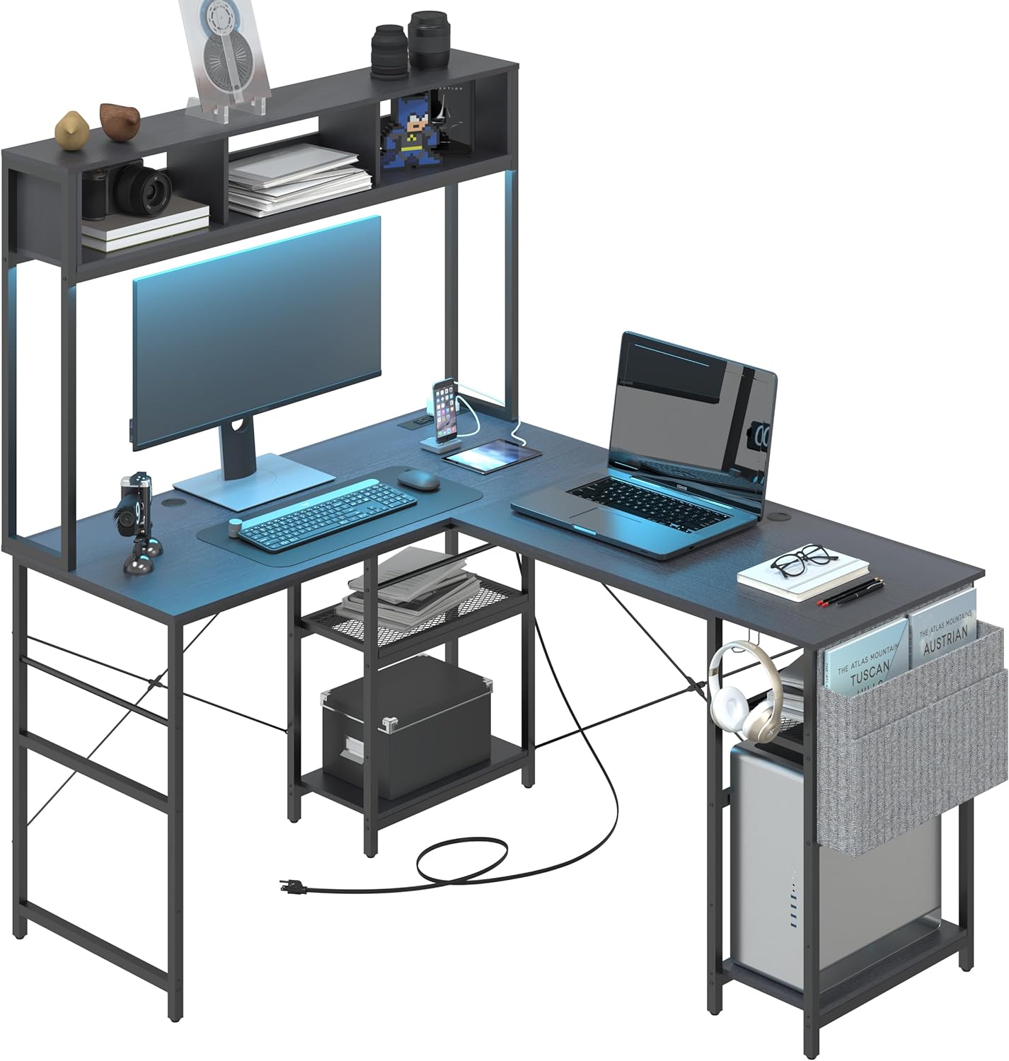 Tbfit+L+Shaped+Game+Desk%2c+55inch+Reversible+Corner+Desk+with+Power+Outlet+%26+LED+Strip%2c+Black+Gaming+Computer+Desk+with+Storage+Shelf%2c+2+Person+Long+Writing+Table%2c+Home+Office+Desk%26+Workstation