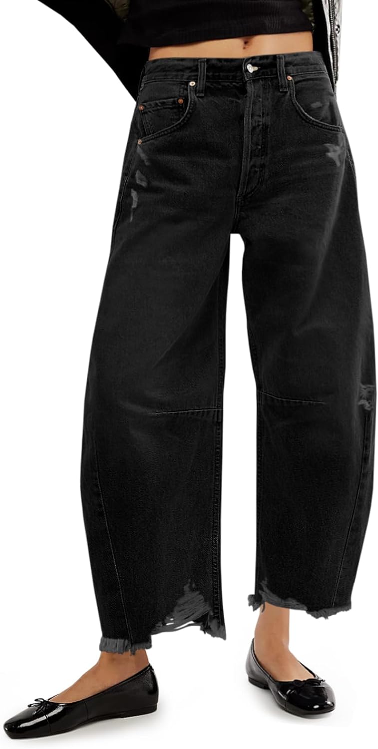 Cicy Bell Women's Baggy Wide Leg Jeans Barrel Horseshoe Boyfriend Cropped Raw Hem Denim Pants