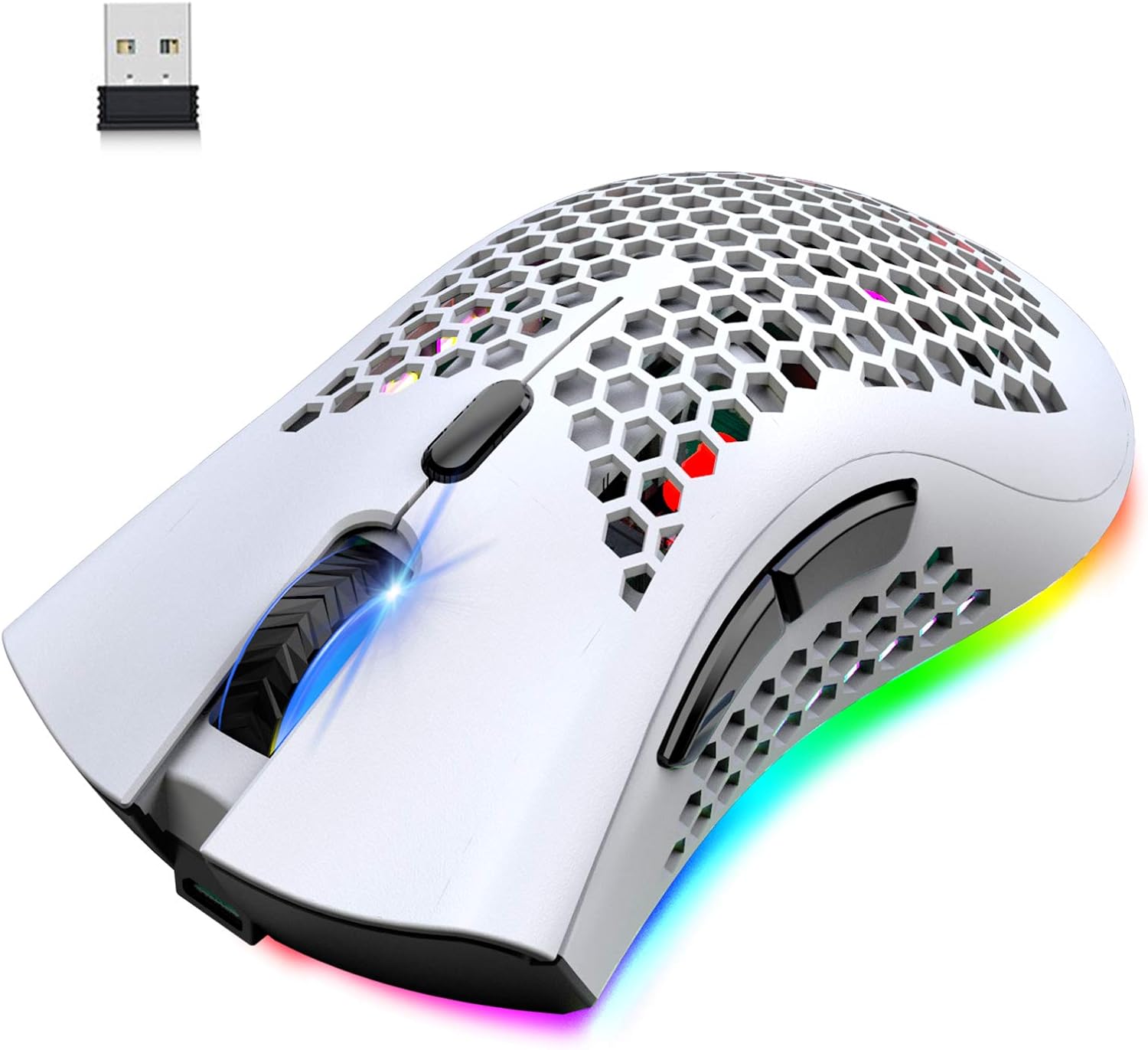 Wireless Lightweight Gaming Mouse Honeycomb with 7 Button Multi RGB Backlit Perforated Ergonomic Shell Optical Sensor Adjustable DPI Rechargeable 800mAh Battery USB Receiver for PC Mac Gamer(White)