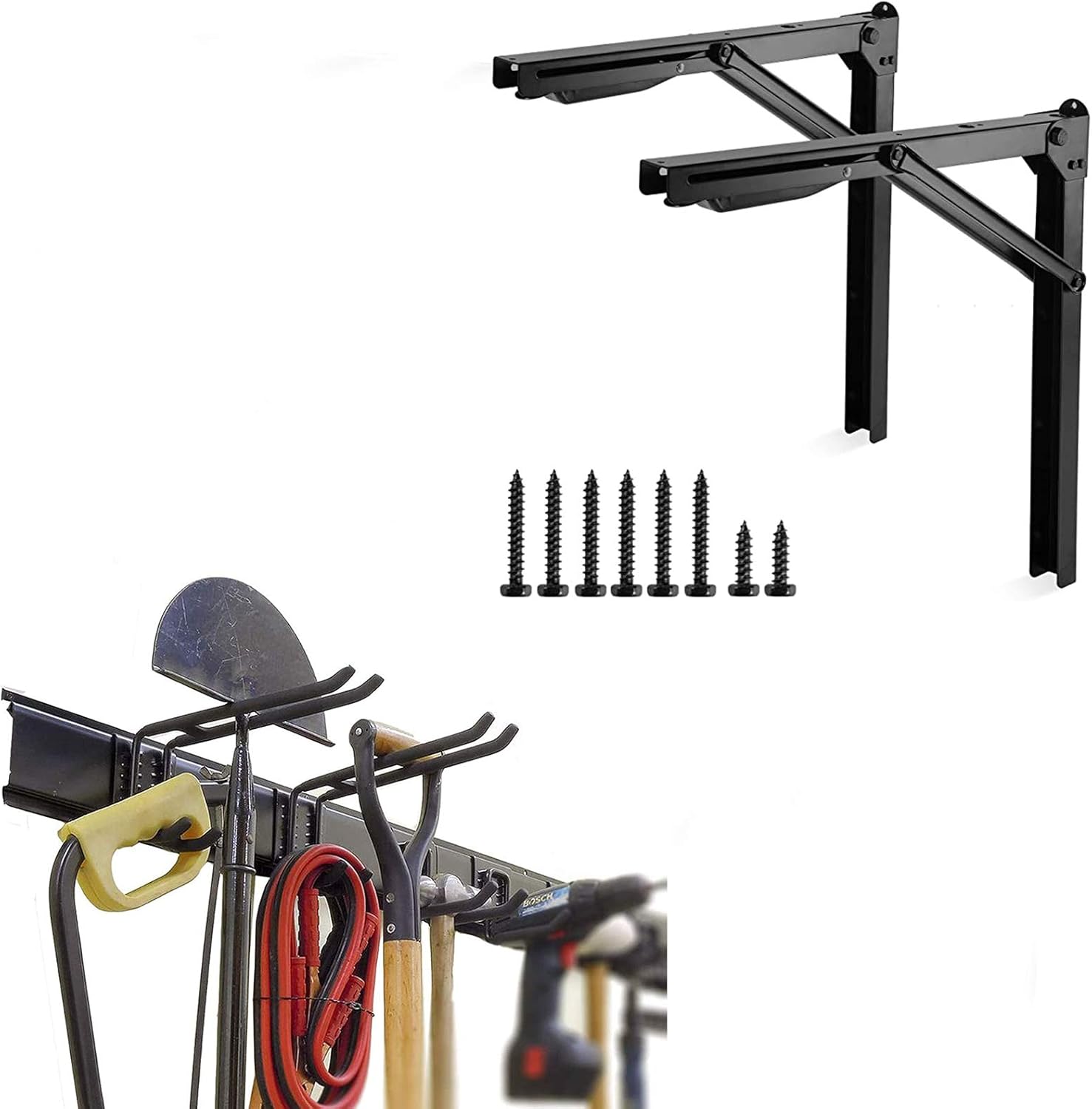 Ultrawall 24 inch Wall Mounted Folding Shelf Brackets and 9PC Garage Tool Hooks