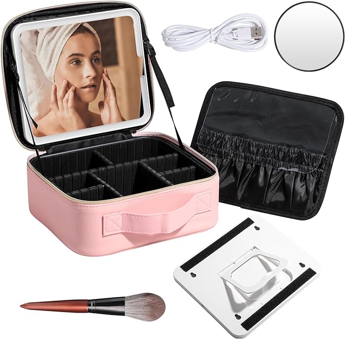 BS-MALL Makeup LED Case Makeup Brush Holder With LED Mirror Makeup Tool Organizer Bag Makeup Brush Bag with Shoulder (C-Pink)