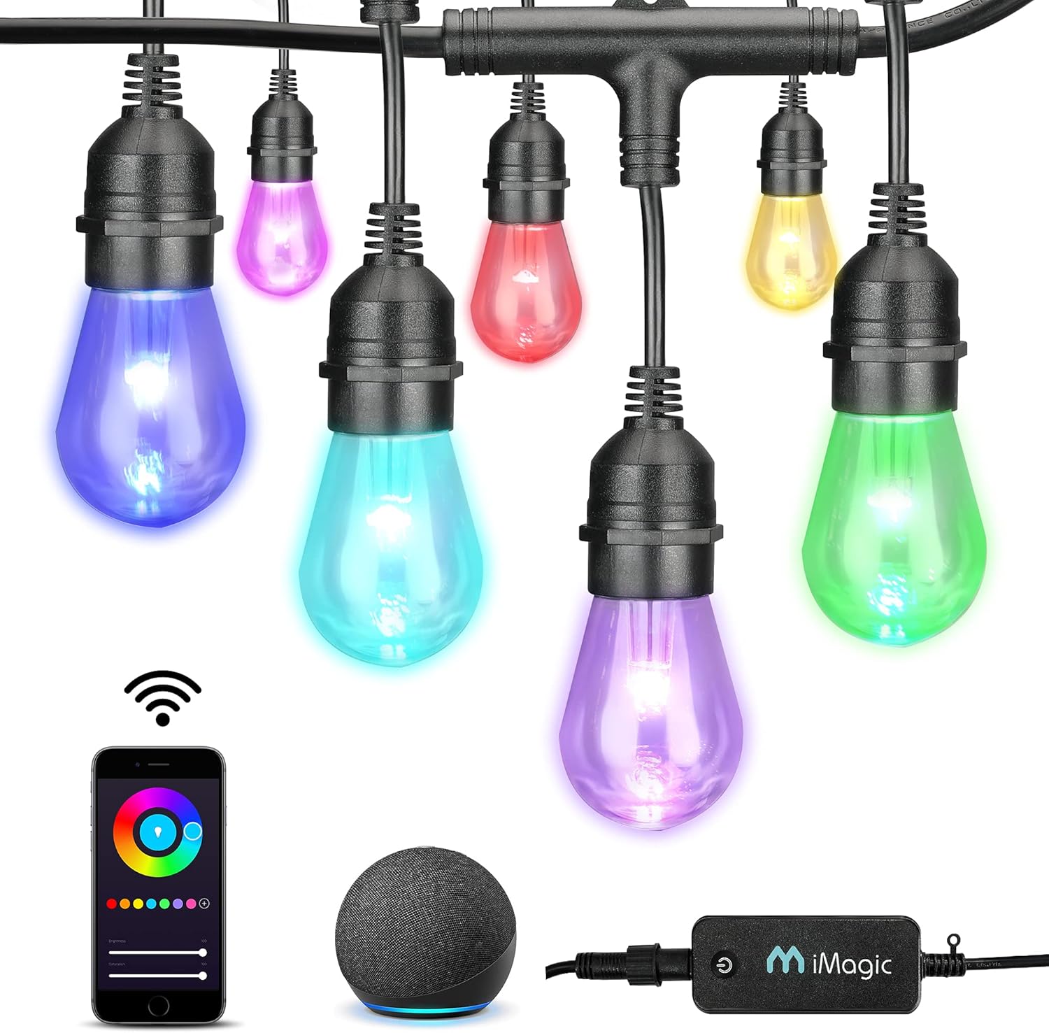 iMagic Outdoor String Lights, 98 Ft Smart RGB Patio Lights, 30 LED Bulbs Multi Color String Lights, for Alexa/Google Assistant, App Control, 2.4 GHz Only, IP65 Waterproof, Meet to U.S. Standards