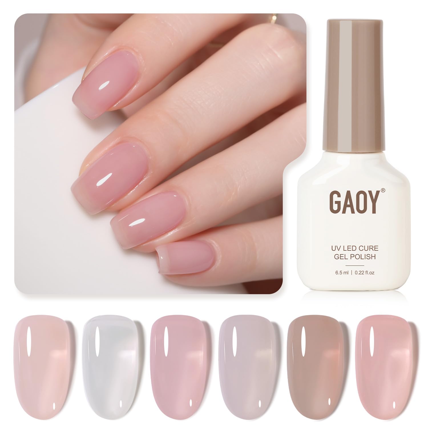 GAOY Jelly Nude Milky White Gel Nail Polish Set, 6 Transparent Colors Sheer Pink Brown Gel Nail Kit for Salon Gel Manicure and Nail Art DIY at Home