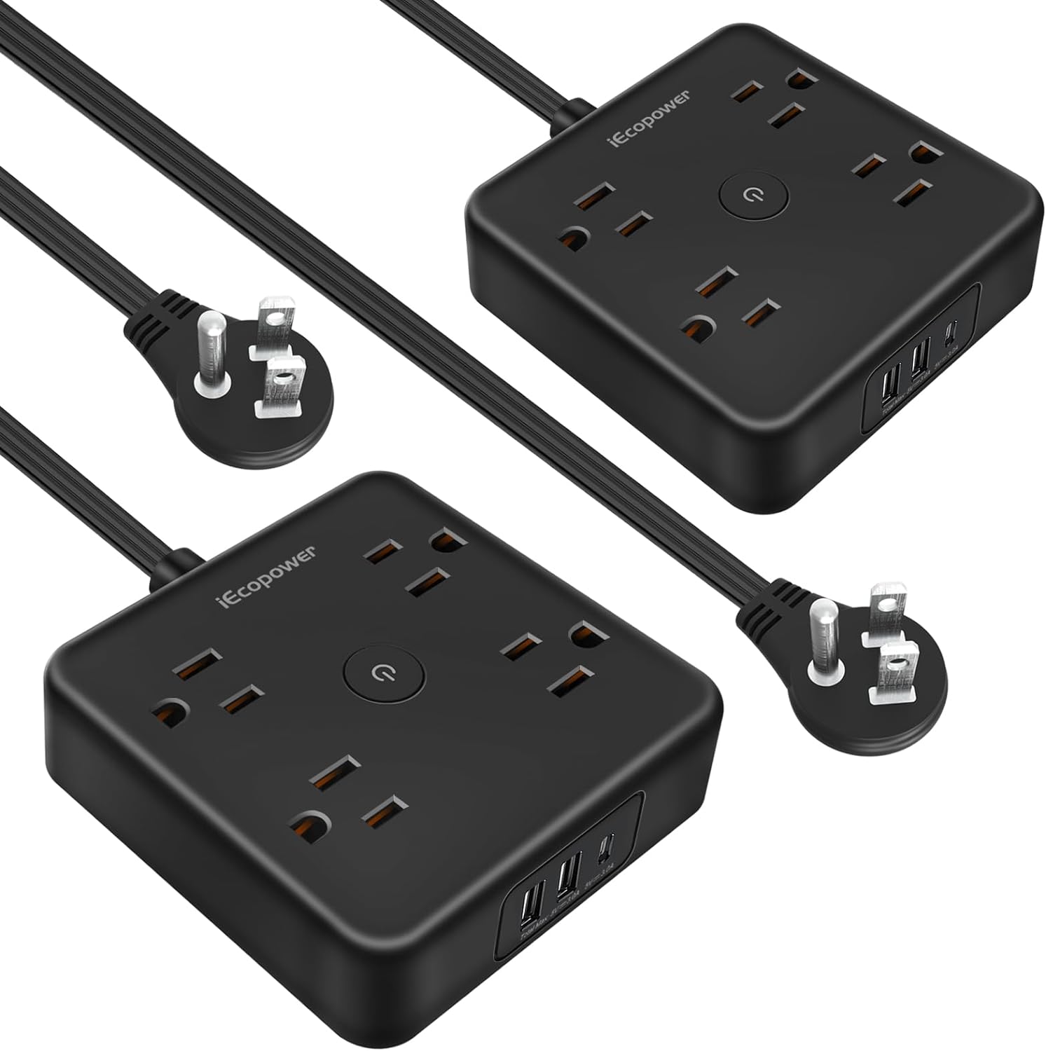 Ultra Flat Plug Surge Protector Power Strip 10 ft Cord,Long Power Strip with 4 Widely Outlets, Thin Extension Cord with 3 USB Ports(1 USB C Port)Slim Desk Charging StationETL Listed,Black(2 Pack)