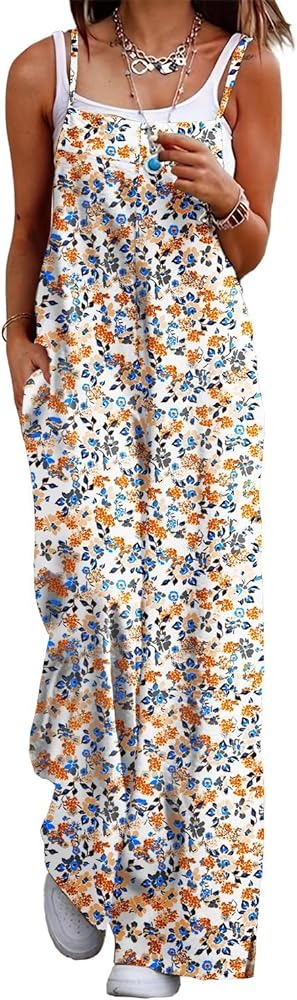 YESNO Women's Summer Boho Casual Jumpsuits Wide Leg Overalls Floral Print Baggy Rompers with Pockets PZZCR