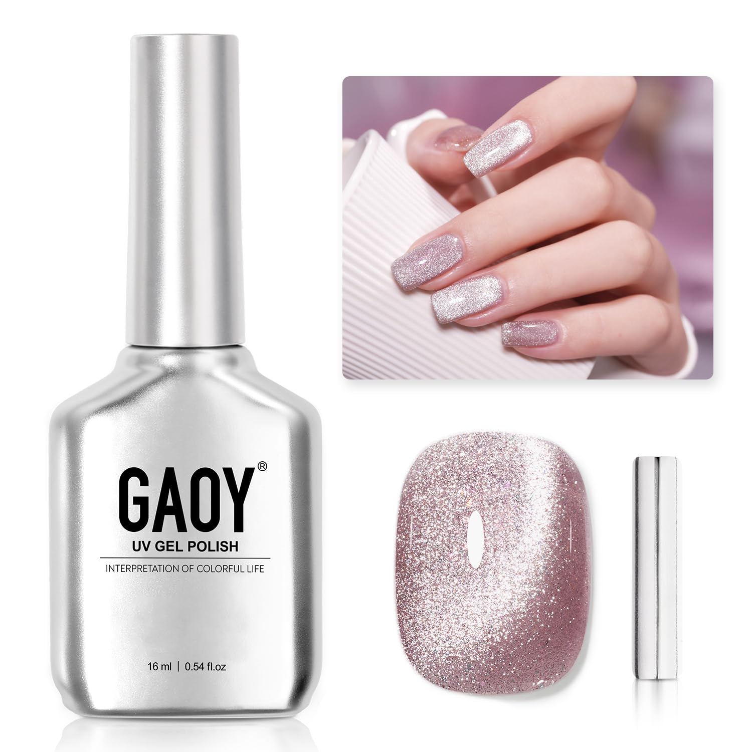 GAOY Pink Glassy Cat Eye Gel Nail Polish, 16ml Glitter Holographic Nail Polish with Magnet, Reflective Translucent UV Gel, 2146 Pink Fireworks