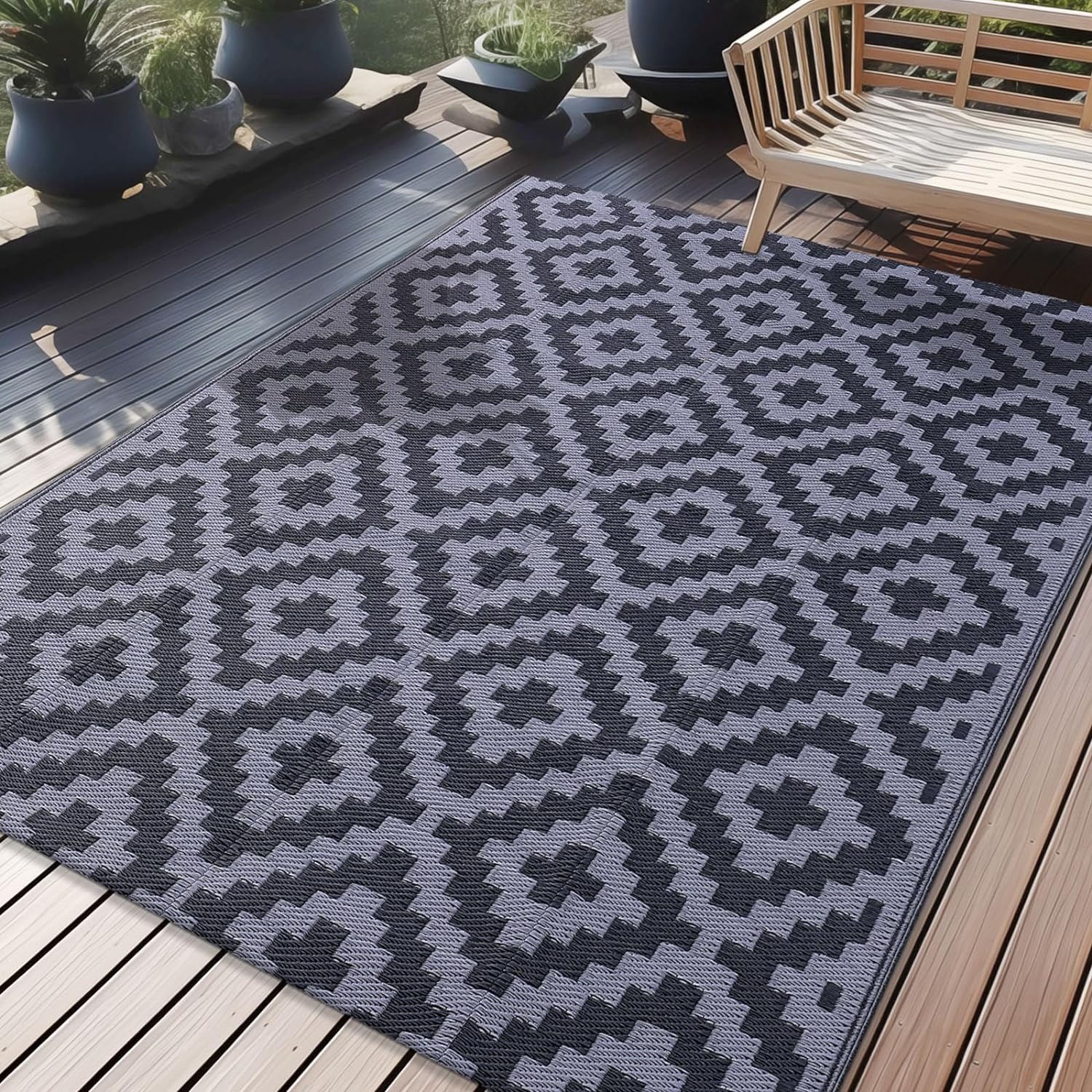 OLANLY Waterproof Outdoor Rug 5x8 ft, Reversible Plastic Straw Patio Rug for Camping, RV Mat Outside, Indoor Outdoor Carpet for Porch, Deck, Backyard, Camper, Balcony, Picnic, Black & Grey