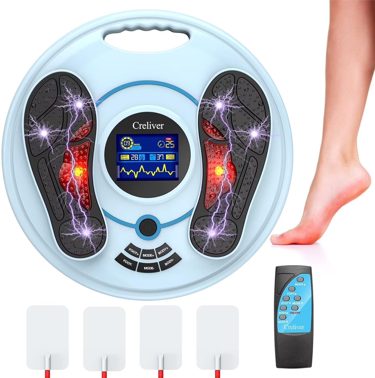 Creliver TENS + EMS Foot Massager for Neuropathy,25 Modes 99 Levels EMS Foot Circulation Stimulator, Tens Neuropathy Foot Massager for Circulation & Pain Relief TENS Unit with 4 Pads, FSA HSA Approved