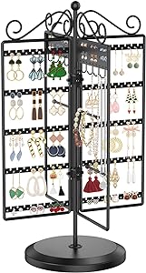 5 Tier Rotating Earring Holder Organizer, 160 Holes Pierced Earring Display Stand Tree with 10 Necklace Hooks, Adjustable Metal Jewelry Rack Tower Bracelet Holder for Women Girls (Black)