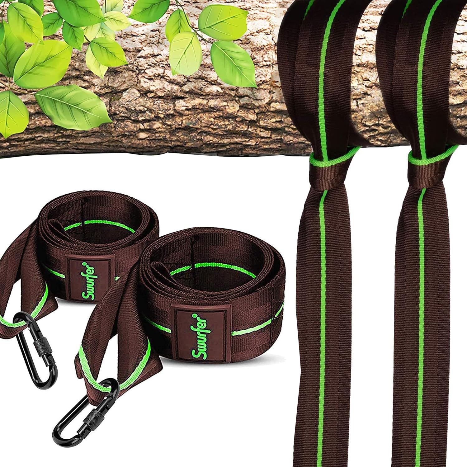 Swurfer Tree Swing Hammock Straps Hanging Kit for Hammock, Tree Swings, Durable, Weatherproof, Rust Free, Secure Lock Snap Carabiners Included, Weight Limit 2200 lbs Per Strap (5 Feet - 2 Straps)