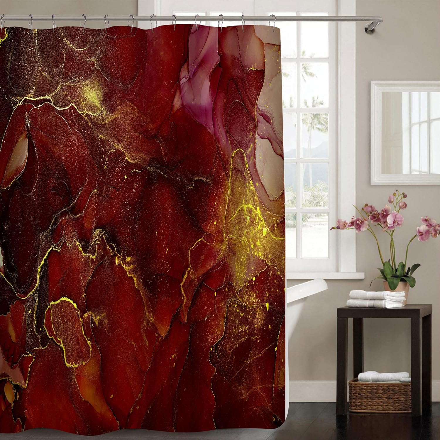 Gibelle Burgundy Red Shower Curtain, Abstract Marble Fabric Shower Curtain for Bathroom, Modern Ombre Watercolor Ink Art Shower Curtain Set with Hooks, 72 x 72