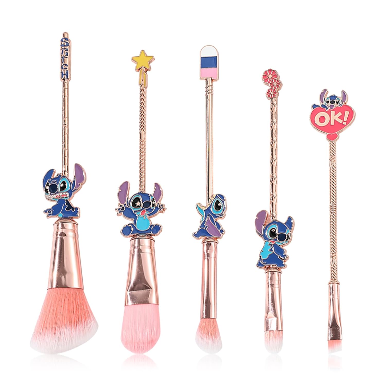 5Pcs Stitch Theme Cosmetic Brushes Set, Stitch Makeup Brushes Set, Stitch Gifts for Young Girl Women- 5pcs Pink