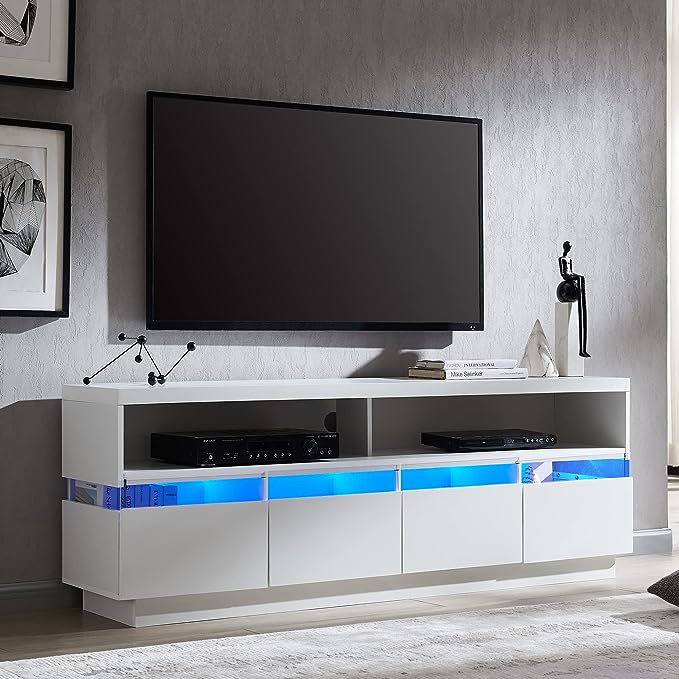 T4TREAM LED TV Stand for 75 Inch TV, Modern Gaming Entertainment Center with LED Lights, Media Storage Console Table with Large Sliding Drawers & Side Cabinets for Living Room, Solid White, 66 Inch