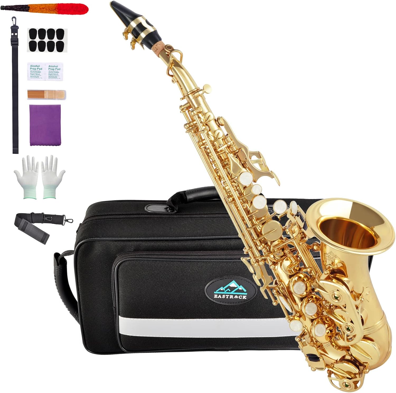 EASTROCK Soprano Saxophone Curved Bb Flat Gold Sax Instruments for Beginners Intermediate Players with Carrying Case,Mouthpiece,Pads,Reed,Cleaning kit,neck Strap,White Gloves