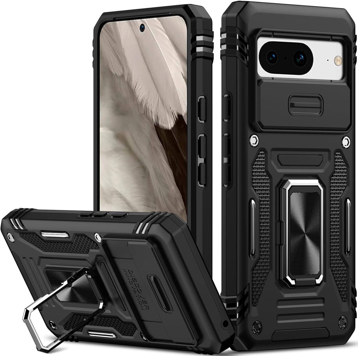 Nvollnoe for Google Pixel 8 Case with Slide Camera Cover Drop Tested Military Grade Heavy Duty Protective Sturdy Rotate Ring Kickstand Phone Case for Google Pixel 8(Black)