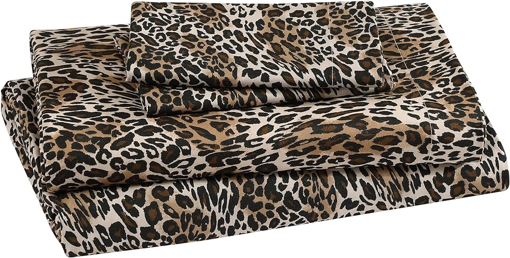 Beatrice Home Fashions Printed Microfiber Sheet Set, Soft Comfortable Easy Care, Includes 1 Fitted Sheet with 12&#34; Deep Pockets, 1 Flat Sheet, Pillowcase, Queen, Zara Leopard