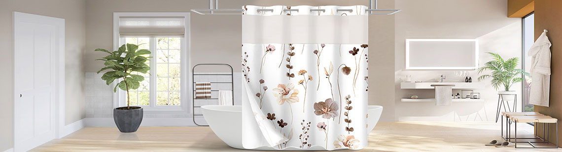 Gibelle No Hook Floral Shower Curtain with Snap-in Fabric Liner Set for Bathroom, Hotel Style Brown Beige Modern Flower Shower Curtain with See Through Top Window, Waterproof & Washable, 72x74