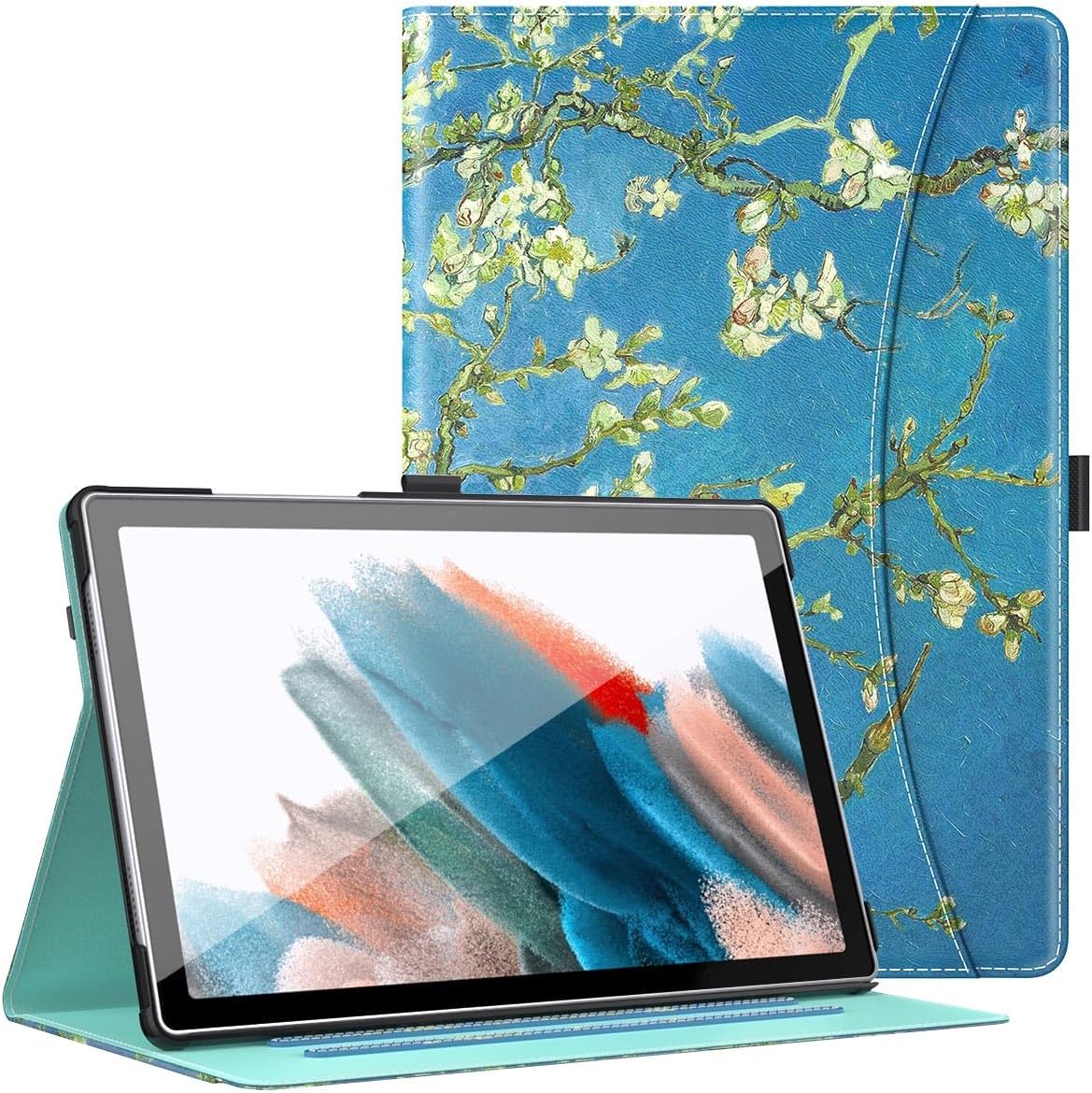 MoKo for Samsung Galaxy Tab A8 Case, Multi-Angle Viewing Smart Stand Cover with Hand Strap, Front Pocket, Auto Wake/Sleep Pour Galaxy Tab A8 10.5-Inch 2022 Model (SM-X200/X205/X207), Apricot Blossom