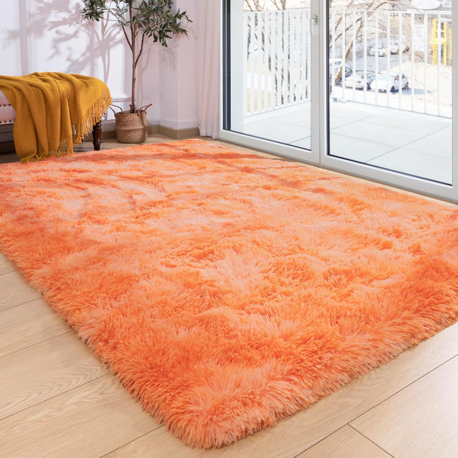 Softlife Area Rug for Bedroom, 4x6 Feet Plush Fluffy Rug for Living Room, Tie-Dyed Orange Shag Rug for Aesthetic Room Decor, Soft Modern Fuzzy Faux Fur Carpet for Kids Nursery Room Dorm