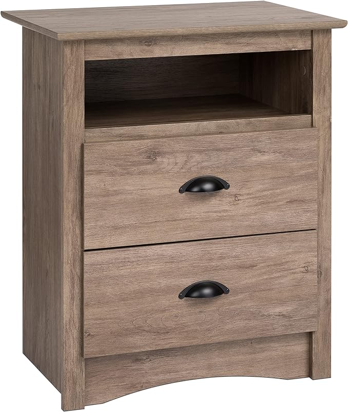 Prepac' Fremont 2 Drawer Nightstand: Elegant Bedroom Furniture, Bedside Table with Open Shelf, 23.25W x 16D x 28H, Drifted Gray - DDC-2428