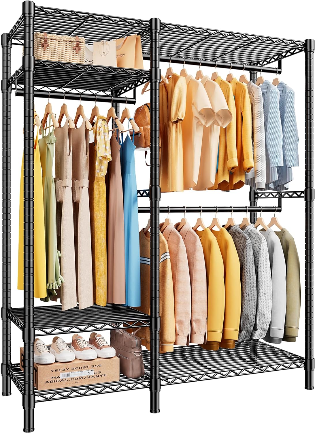 Raybee Clothing Racks for Hanging Clothes 780LBS Adjustable Portable Clothes Rack with Shelves,2 Hanging Rods Freestanding Closet Wardrobe for Bedroom,Closet,Sturdy, Balck,45.3 W X 16.7 D X 77 H