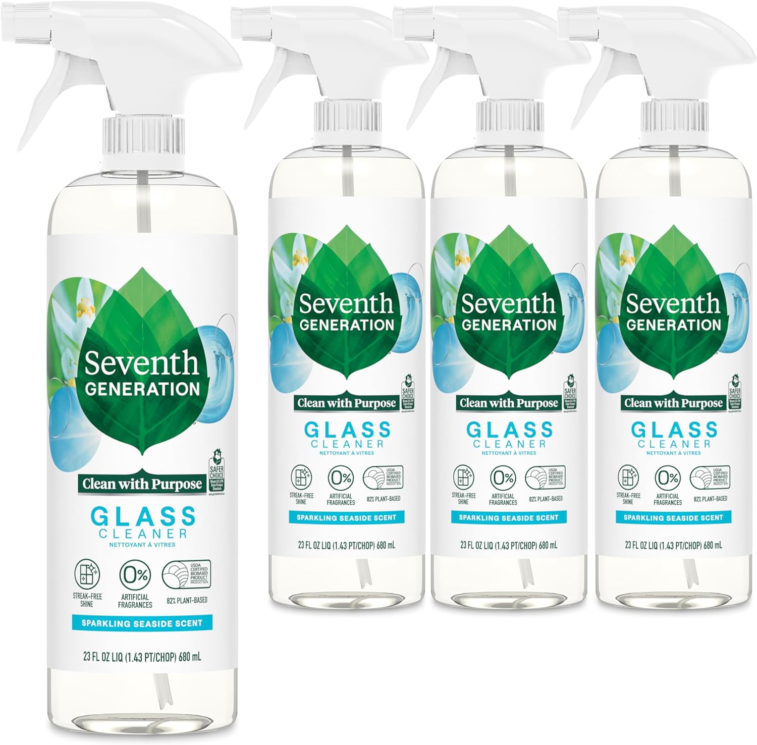 Seventh Generation Glass Cleaner, Biodegradable Formula, Sparkling Seaside Scent, 23 oz (Pack of 4)