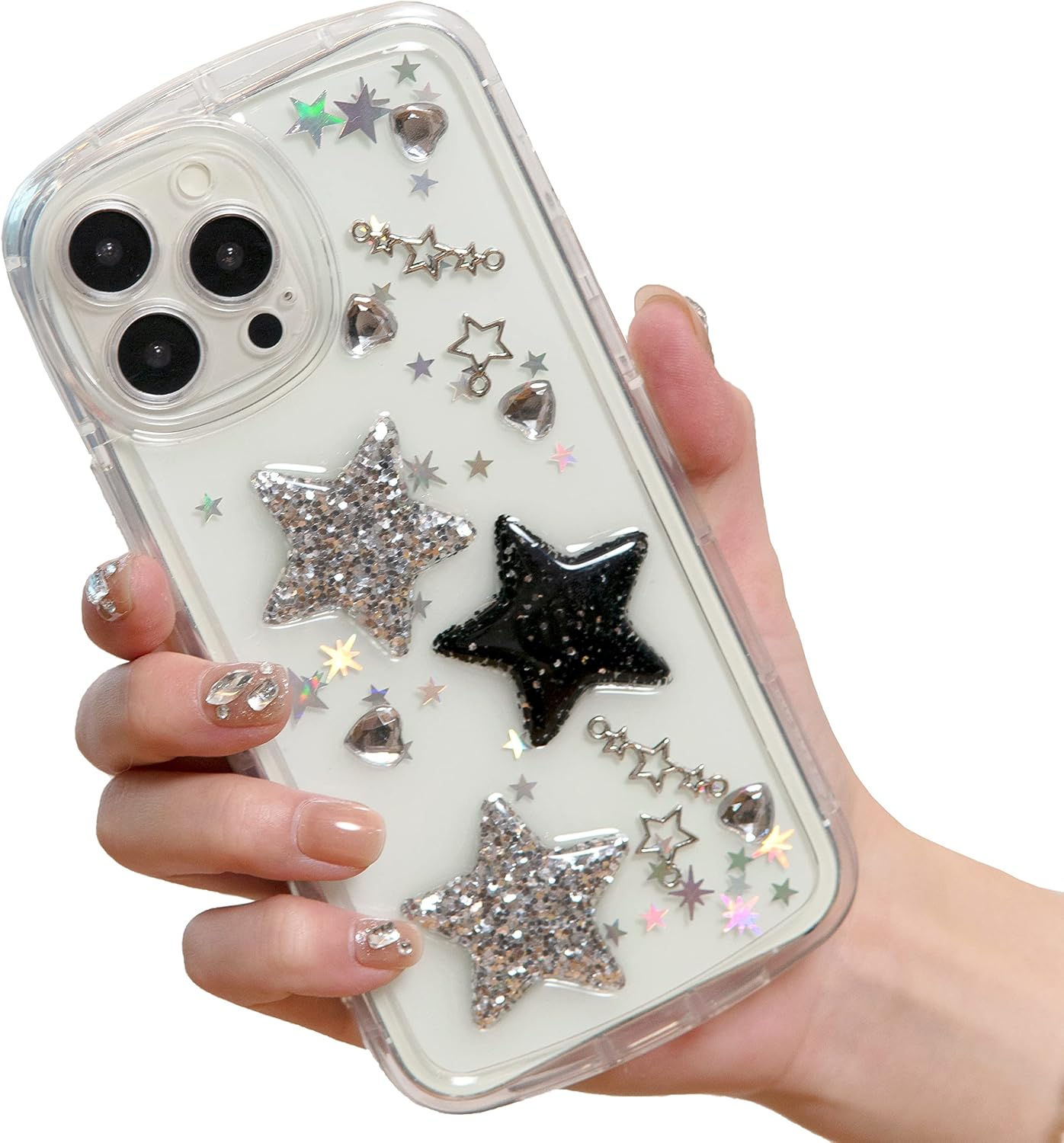 iPhone 13 Pro Max Case - 3D Bling Stars, Glitter Hearts, Y2K Spark, Soft Transparent TPU - 6.7 Clear