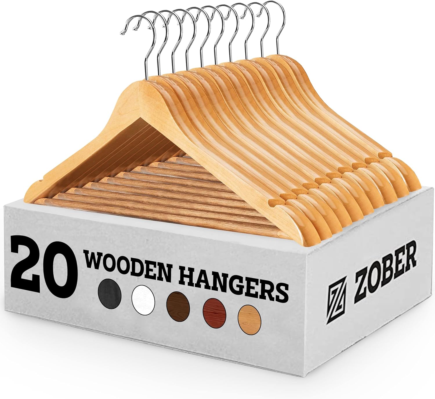 Zober Wooden Hangers 20 Pack - Non Slip Wood Clothes Hanger for Suits, Pants, Jackets w/Bar & Cut Notches - Heavy Duty Clothing Hanger Set - Coat Hangers for Closet - Natural