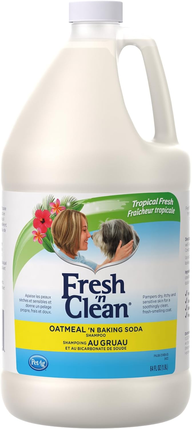 Pet-Ag Fresh n Clean Oatmeal n Baking Soda Shampoo - Tropical Fresh Scent - 64 oz - Nurtures Dry, Itchy & Sensitive Skin with Vitamin E & Aloe - Strengthens & Repairs Coats - Soap Free