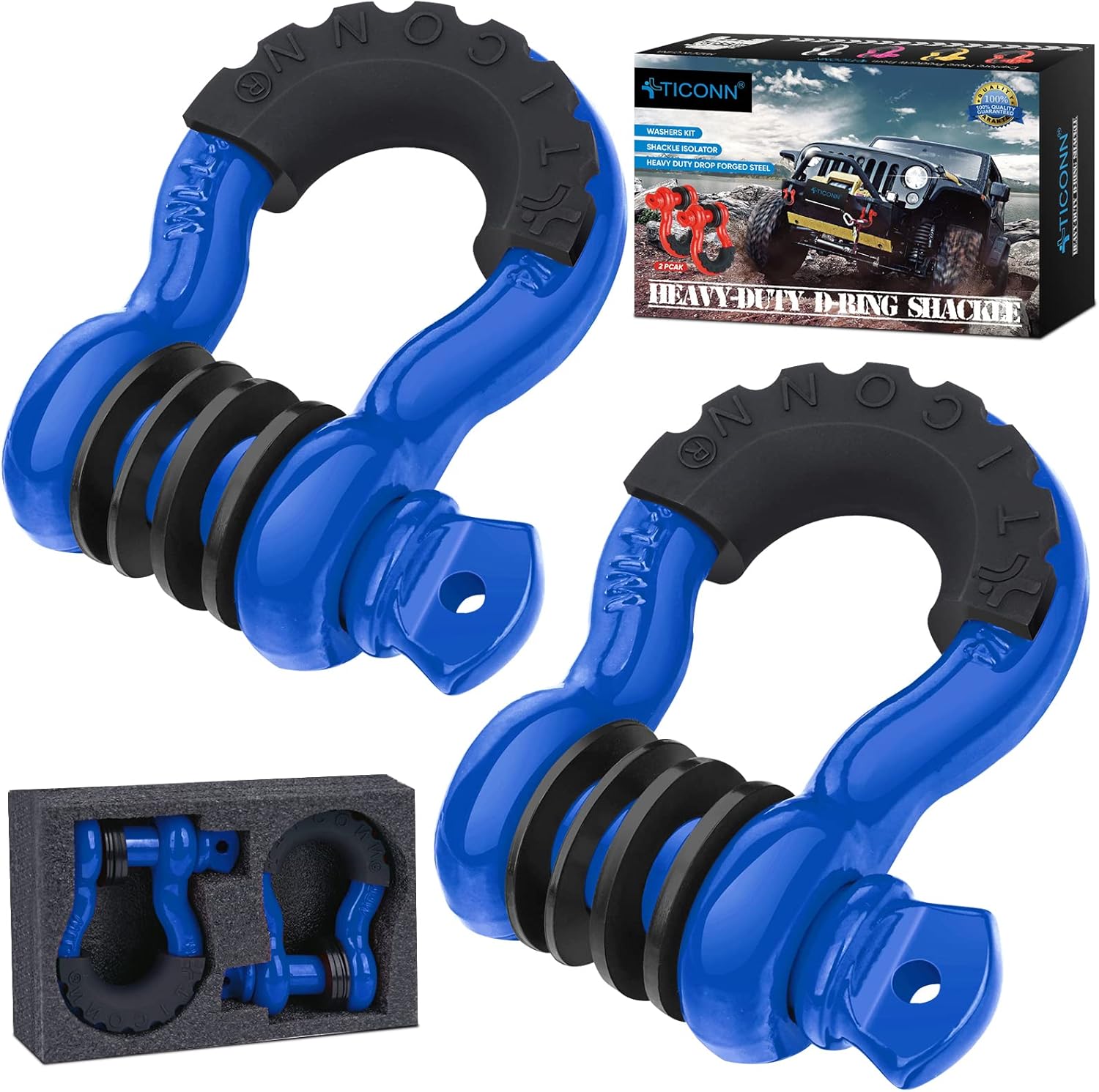 TICONN 2 Pack D Ring Shackle with 7/8 Screw Pin 57,000Ibs Break Strength, 3/4 Heavy Duty Shackles with Isolator & Washers for Tow Strap Winch Off Road Vehicle Recovery (Blue/Black)