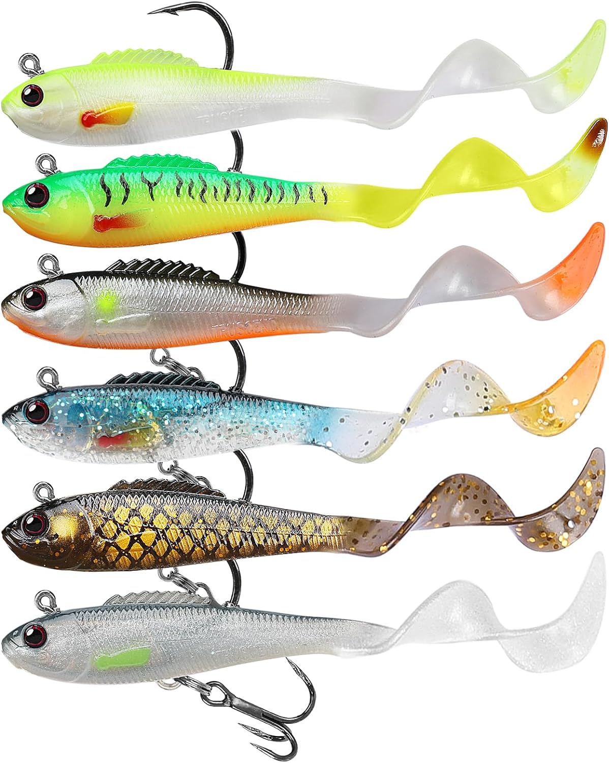 Pre-Rigged Soft Fishing Lures, Curly Tail Swimbait Lures for Bass Fishing, Lifelike Soft Tadpole Swimbait with Spinner for Crappie Trout FishingAll Season Freshwater Fishing Bait for Warriors