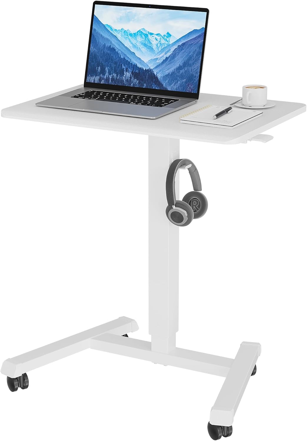 BONTEC 25.6x17.7Inch Mobile Standing Desk, Gas Spring Mobile Stand Up Desk, Portable Podium, Height Adjustable Laptop Standing Table for Home, Office, School, Medical, White