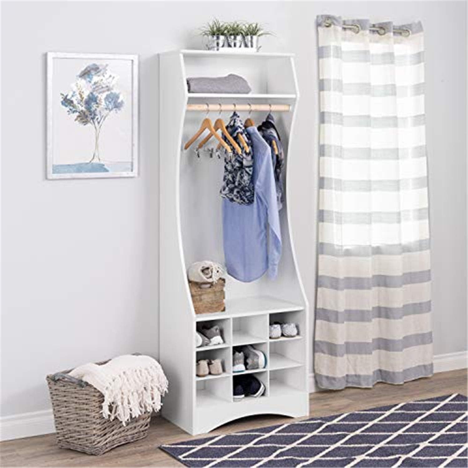 Prepac Wardrobe Closet with Hanging Rail and 9 Shoe Cubbies, Armoire Portable Closet with Shoe Storage 15.75 D x 25 W x 72 H, White, WSWX-1001-1