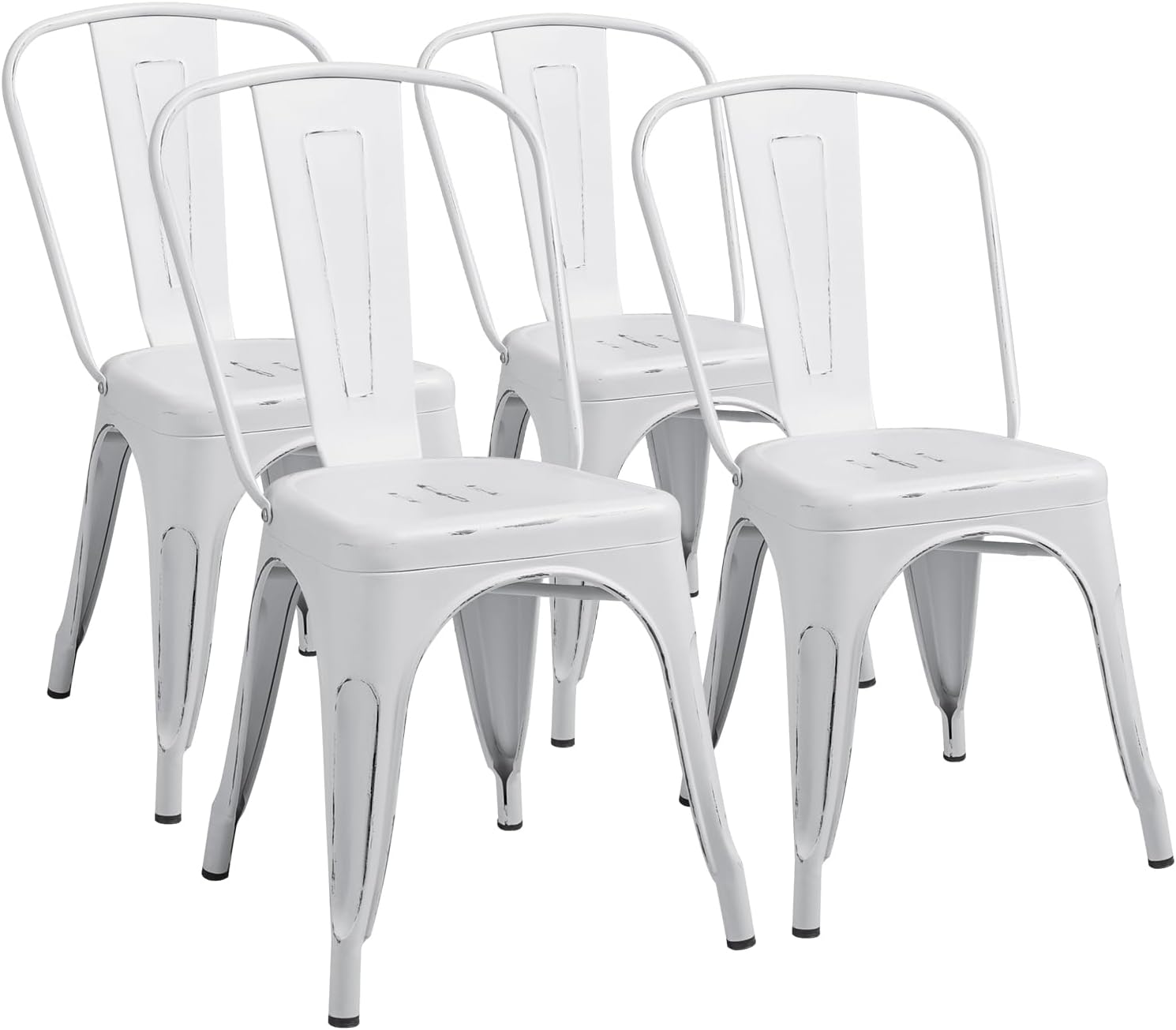 Furmax Metal Dining Chair Indoor Outdoor Use Stackable Chic Side Classic Trattoria Metal Chairs Set of 4 for Kitchen, Dining Room, Bistro and Cafe (Distressed White)