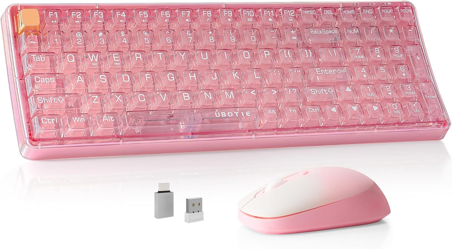 Wireless Transparent Keyboard and Mouse Combo, UBOTIE Pink 100keys 2.4GHz USB Receiver Keyboard Mouse Set with Adjustable DPI Optical Mouse for PC Laptop