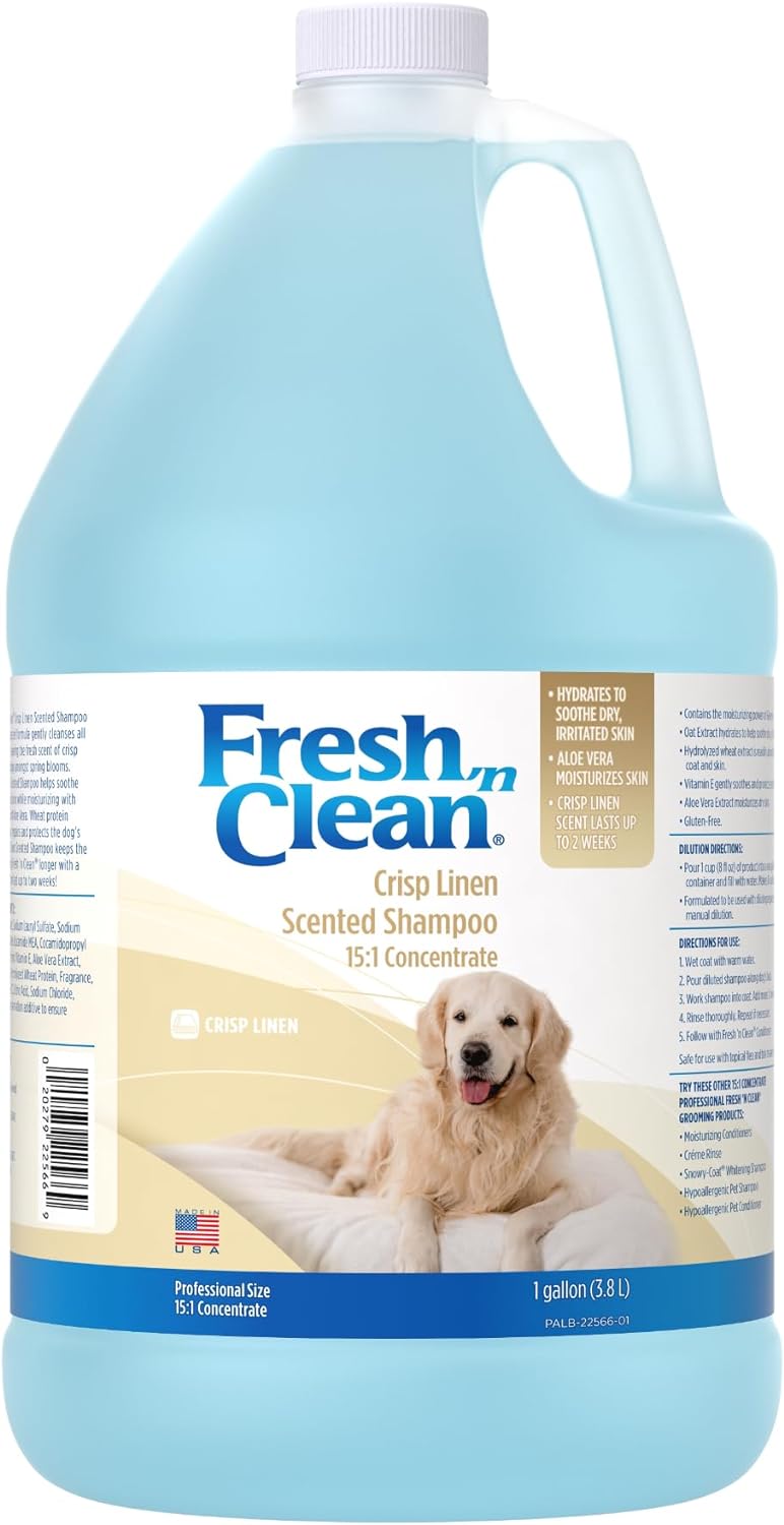 Pet-Ag Fresh n Clean Crisp Linen Scented Shampoo (15:1 Concentrate) - 1 Gallon - Soothes Dry, Irritated Skin with Vitamin E & Aloe Vera - Strengthens & Repairs Coats - Gluten Free
