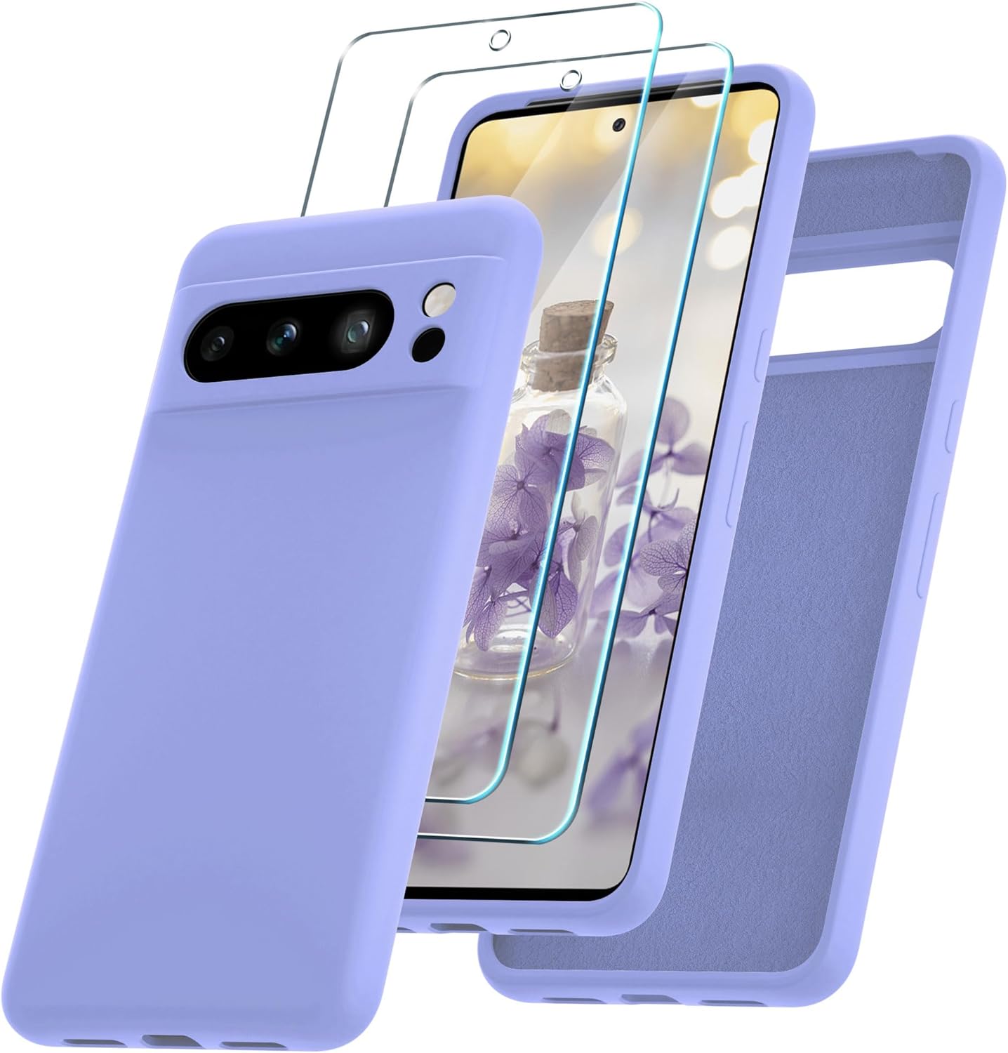 for Google Pixel 8 Pro Case, Silicone Phone Case with 2 Screen Protector, Soft Anti-Scratch Microfiber Lining, Full Body Shockproof Slim Cover Support Wireless Charging, Lavender Purple