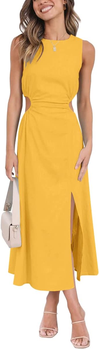 LILLUSORY Womens Cutout Split Linen Cotton Sleeveless Slit Maxi Dress