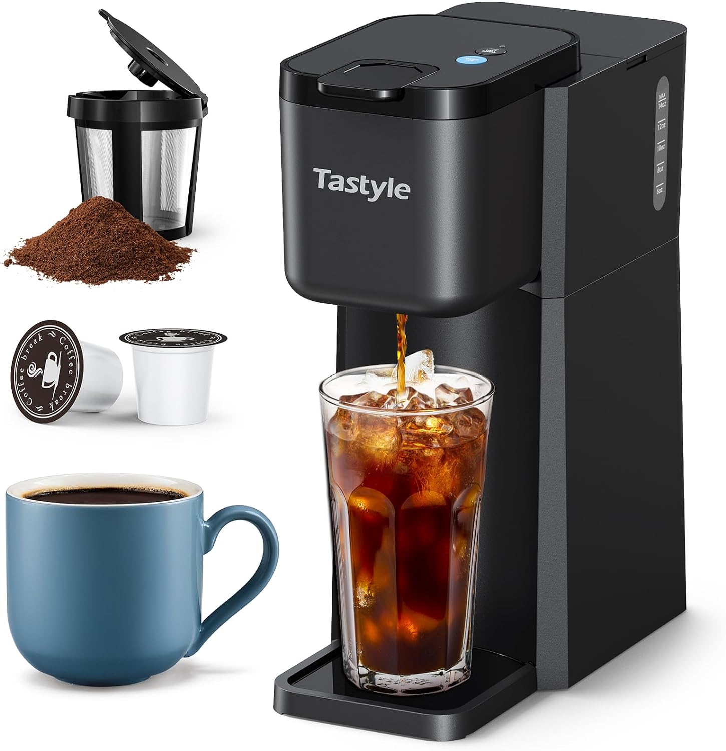 Tastyle Mini Single Serve Iced and Hot Coffee Maker for K Cup and Ground, 6 to14 Oz Brew Sizes, with Recipe Book, One Cup Small Pod Coffee Makers for Home, RV and Office