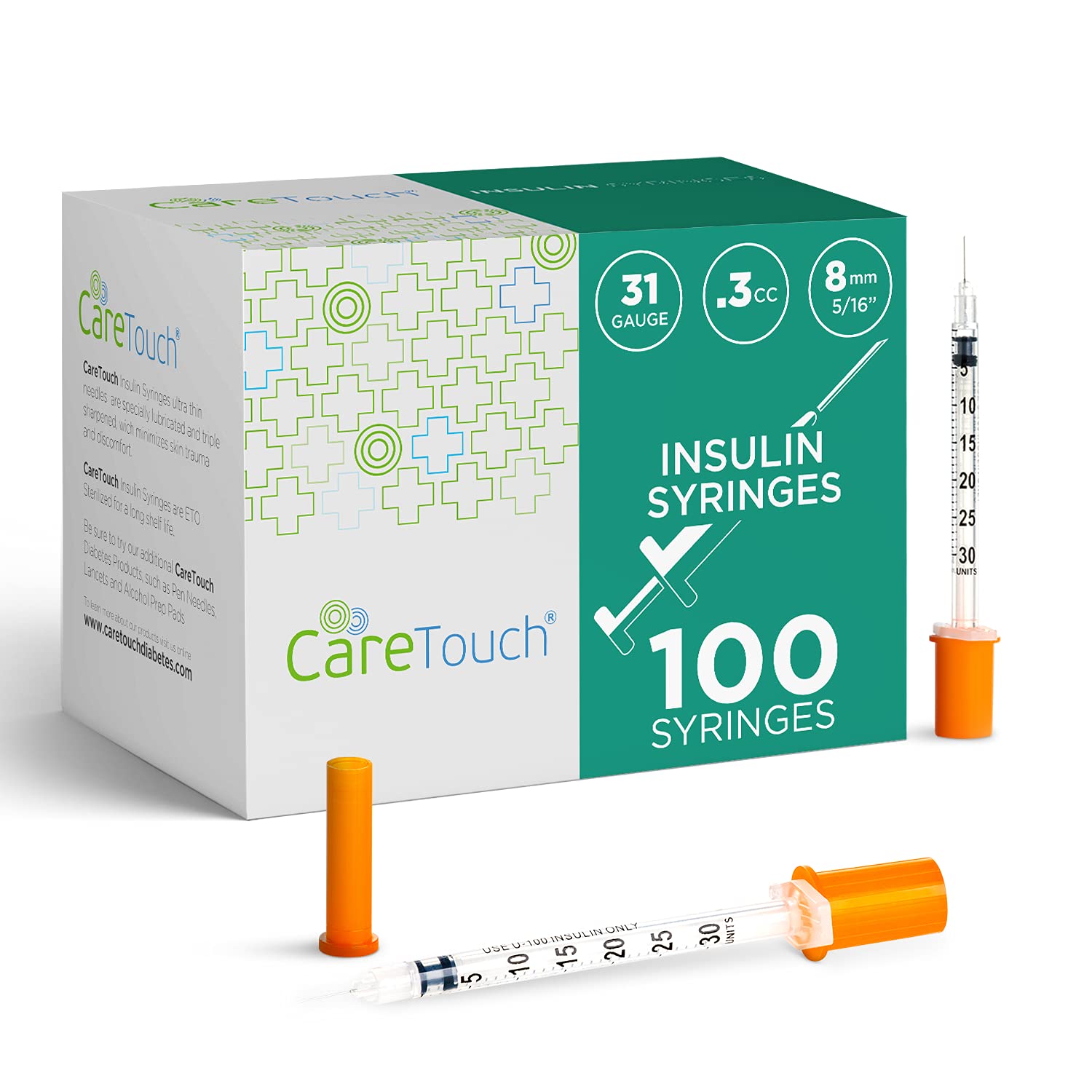 Care Touch - Insulin Syringes - 31g 5/16 - 8 mm .3 cc - 31 Gauge 5/16 Inch Syringe Insulin Needles - (Pack of 100)