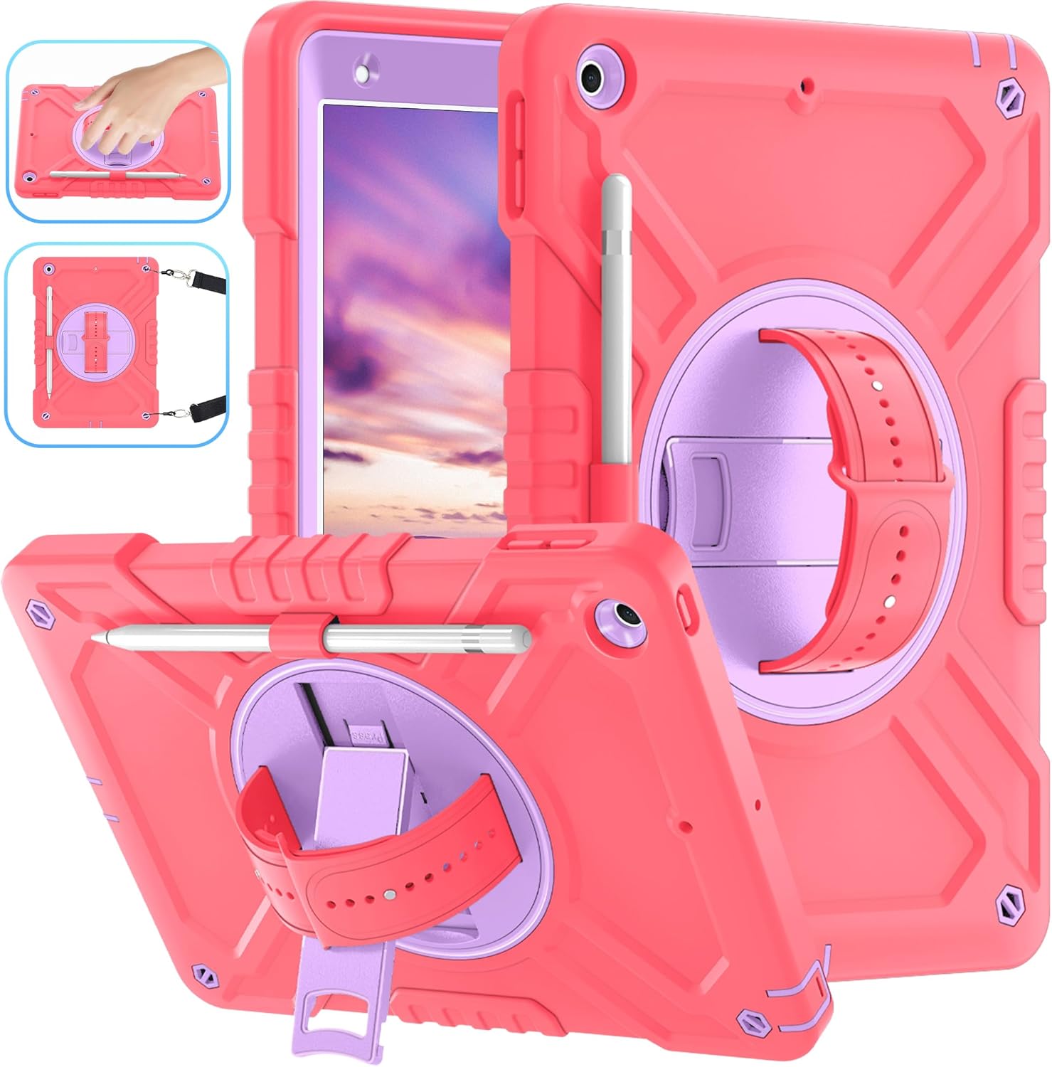 Fingic iPad 9th/8th/7th Generation Case[with 360Swivel Stand Handle]Pencil Holder Hand Strap Shoulder Strap Shockproof Military Grade Silicone Protection Case for iPad 10.22021/2020/2019,Pink/Purple