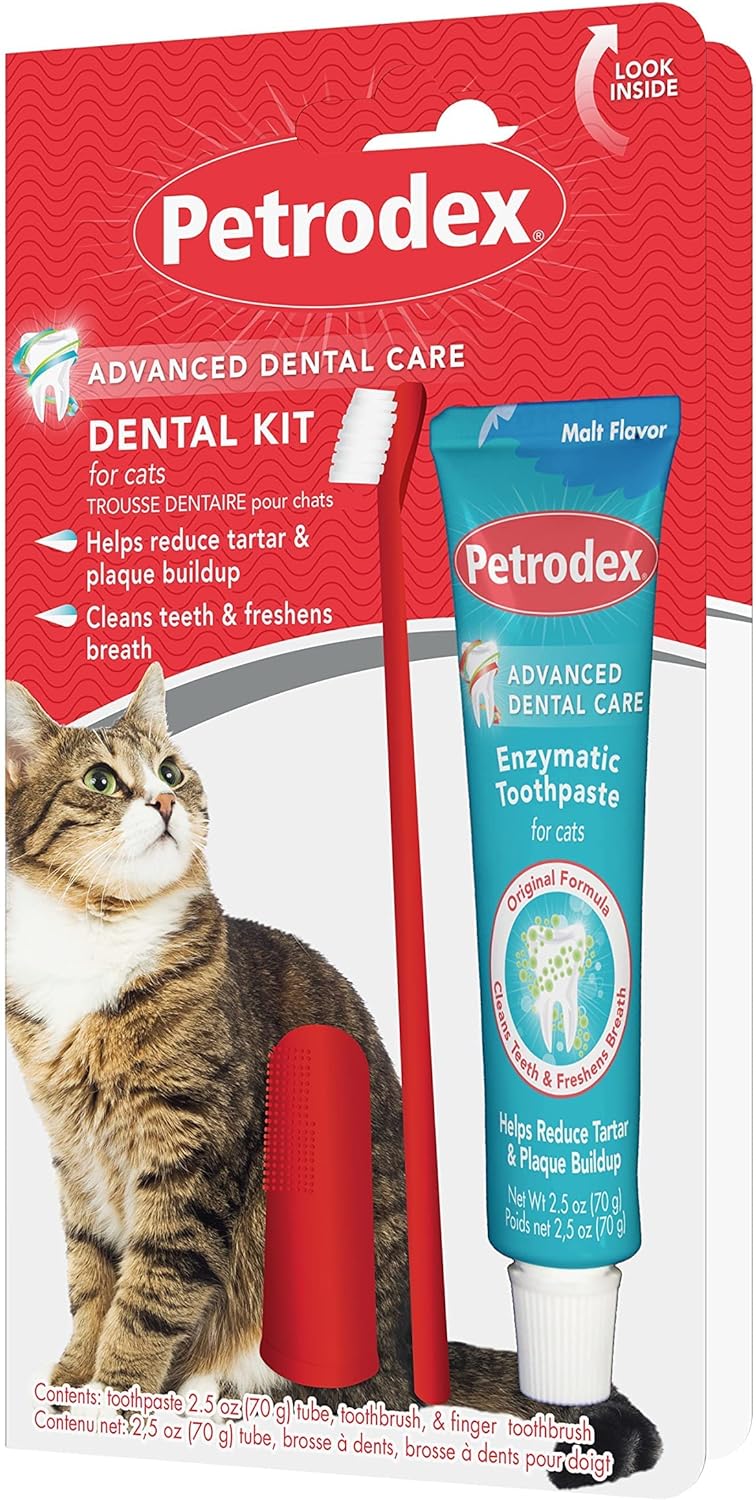 Petrodex Dental Care Kit for Cats, Cat Toothbrush and Toothpaste, Cleans Teeth and Fights Bad Breath, Reduces Plaque Tartar Formation, Malt Flavor, 2.5oz Toothpaste   Toothbrush