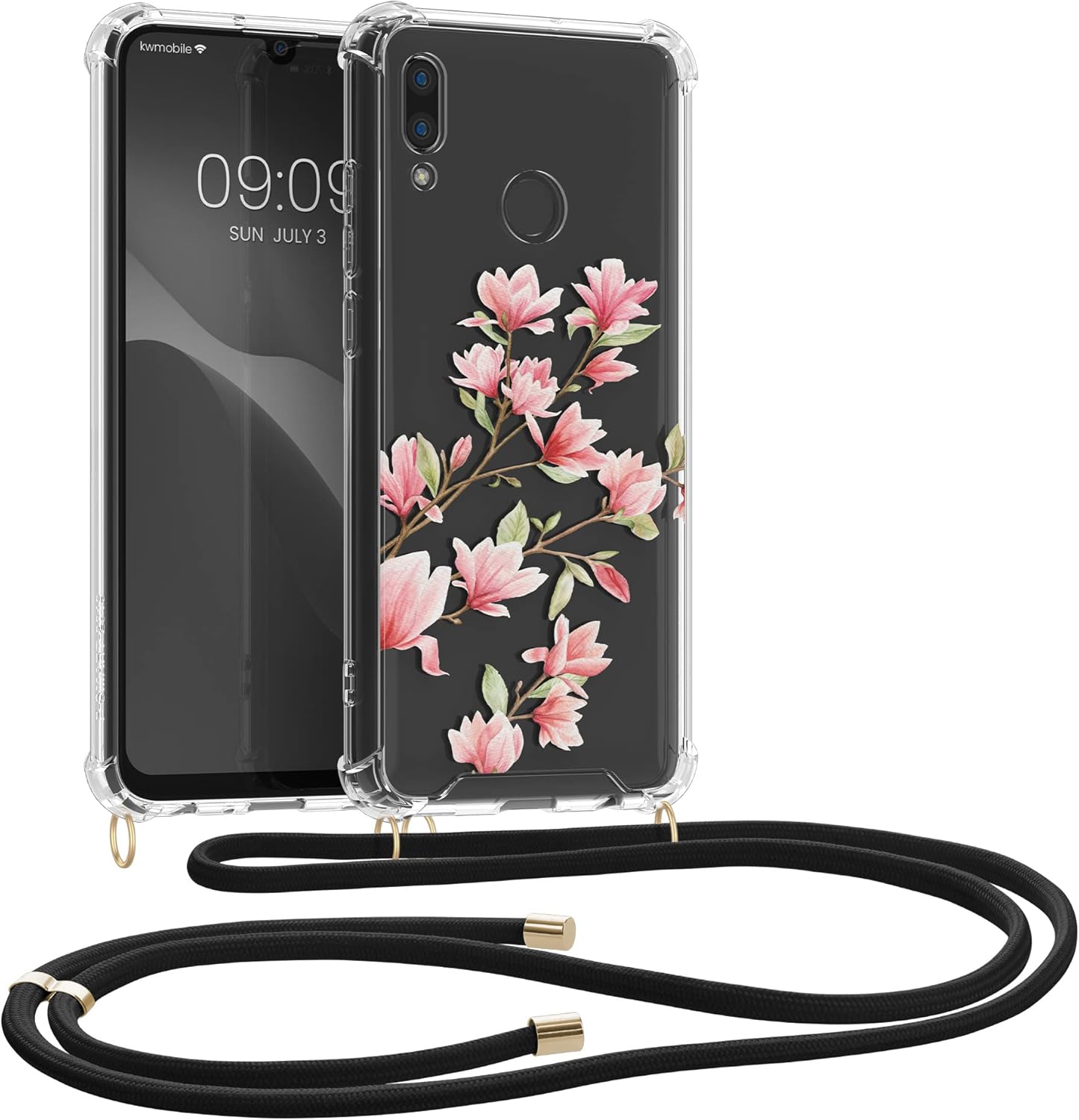 kwmobile Crossbody Case Compatible with Huawei P Smart (2019) Case Strap - Magnolias Pink/White/Transparent