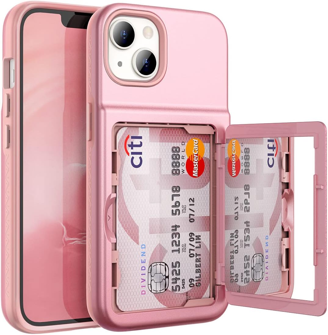 WeLoveCase for iPhone 13 / iPhone 14 Wallet Case with Credit Card Holder & Hidden Mirror, Two Layer Shockproof Heavy Duty Protection Cover Protective Case for iPhone 13/14 6.1 Inch-Rose Gold