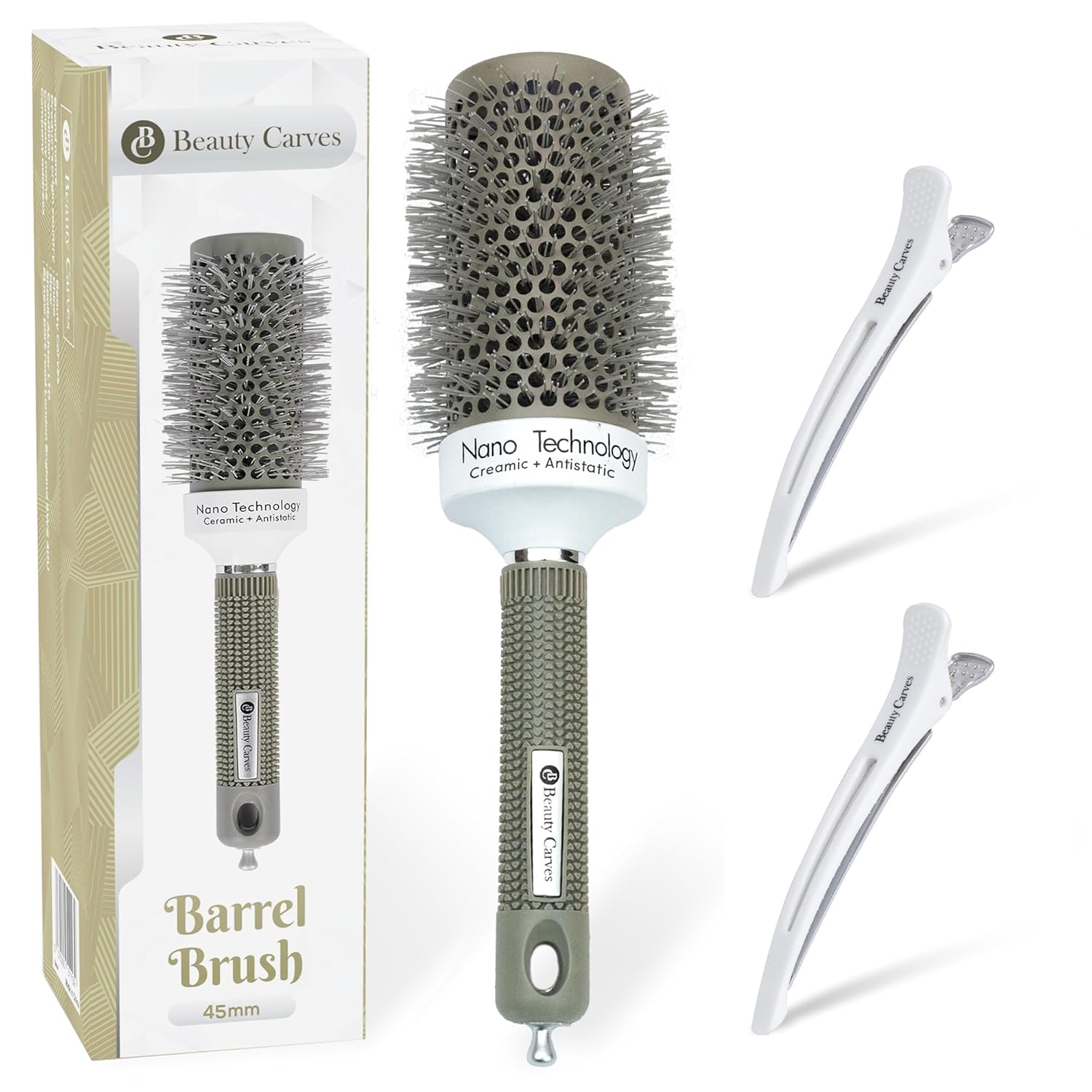 Round Brush, 45 mm Barrel with 2 Clips  Round Hair Brush with Flexible Nylon 66 Bristles Nano Ionic Heat Resistant Tech for Professional Curling, Styling & Shining Texture