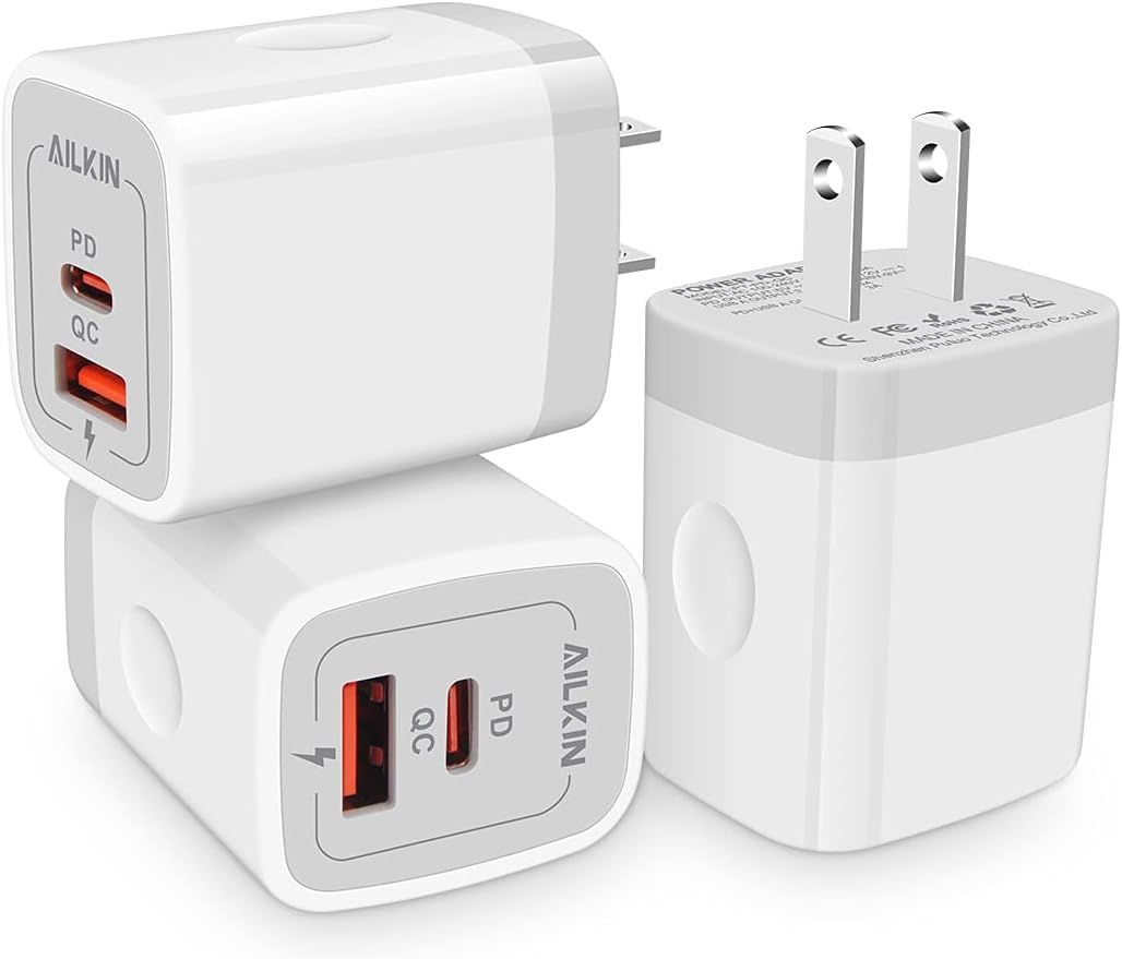 3Pack Dual Port USB-C Wall Plug-in USB Charger, AILKIN 20W Power Delivery   QC3.0 USB A Double Port Fast Charging Block for iPhone 15 14 13 12 Pro Max 14 Pro 12 Mini 11 Pro Max 14 Plus 11 SE X XS Cube